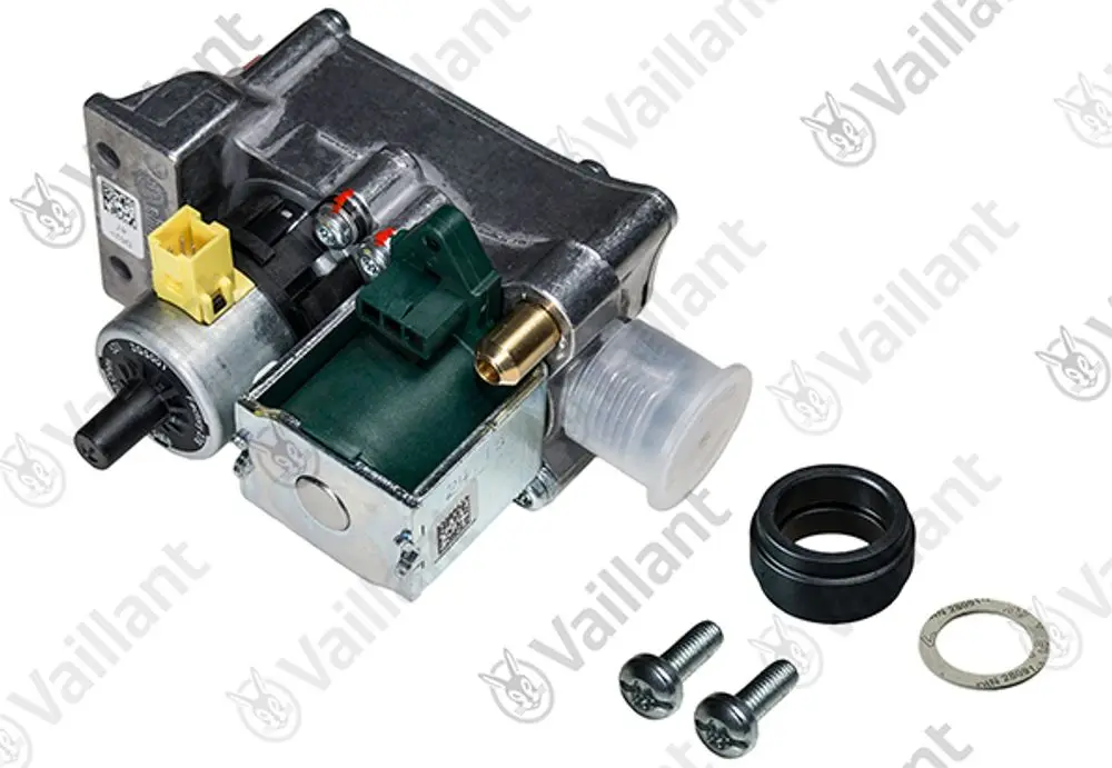 Vaillant Gasarmatur mit mehreren Anschlüssen, Motor und Dichtungen, abgebildet auf neutralem Hintergrund. Einzelteile sind klar erkennbar.